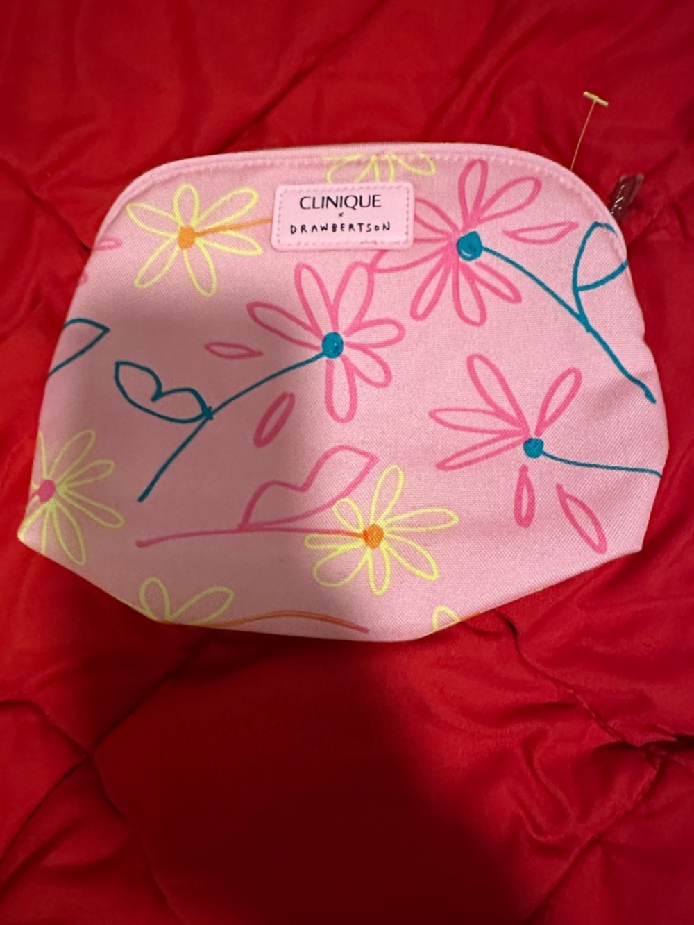 Clinique Pink Floral Cosmetic Pouch with Teal & Yellow Accents